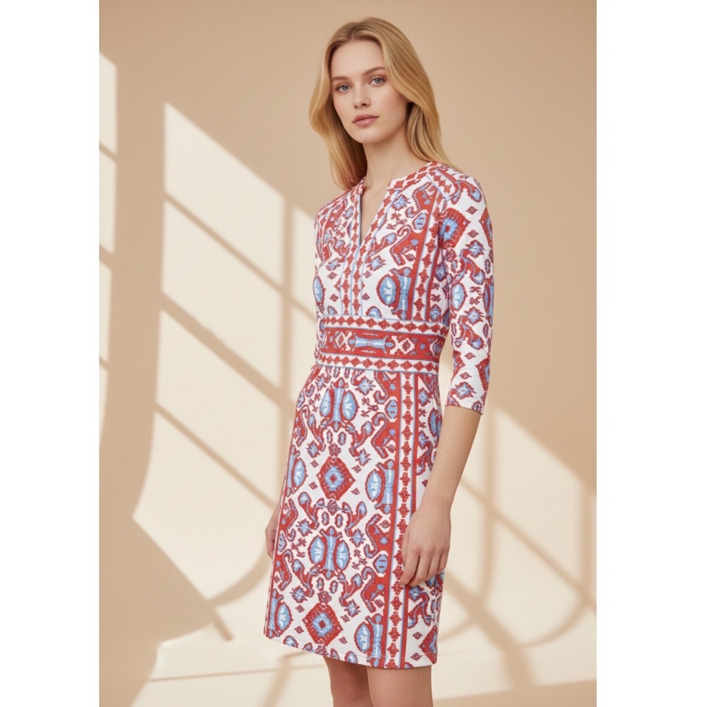 J.McLaughlin Lola Dress L Catalina Cloth Red Blue Ikat Tile Preppy Resort Sheath
